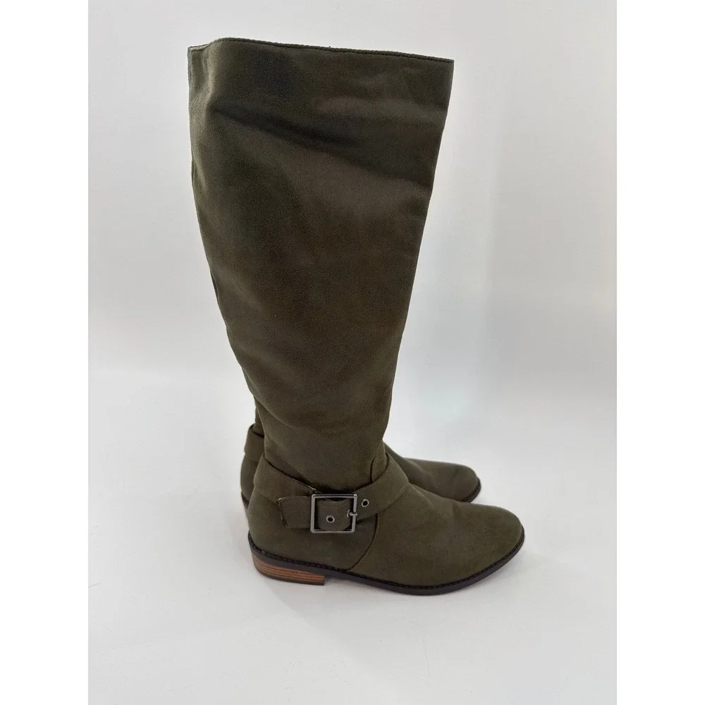Journee Women's Olive Green Knee High Boots Buckle Side‎ Zip Faux Suede Size 7.5